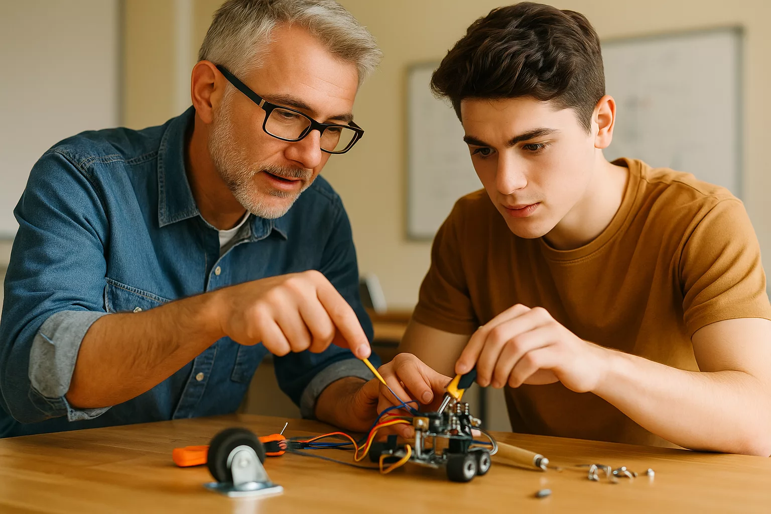 Наставник обучает ученика через совместную работу руками