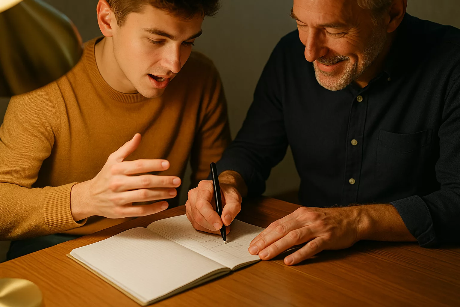 Наставник дополняет записи ученика в тетради